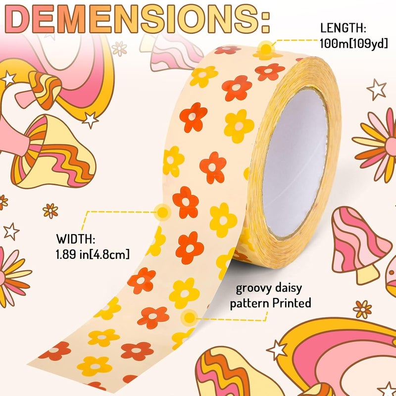 Whaline Boho Flower Packing Tapes Groovy Daisy Pattern Tapes Waterproof Floral Printed Packing Tapes Sticky Gift Wrapping Tapes for Small Business Box Cartons Sealing - Image 2